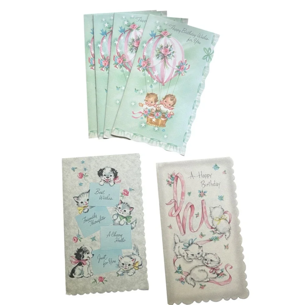 Vintage Greeting Card Lot Kittens Puppies Hot Air Balloon Scalloped Edge 5ct USA